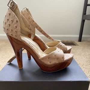 Faux ostrich leather peep toe sandal